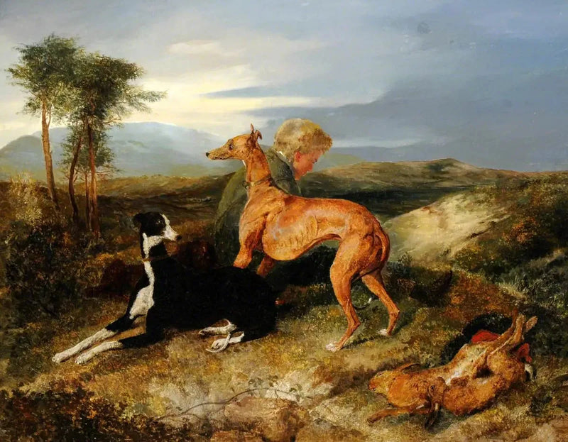 Poika ja kaksi greyhoundia levossa - Edwin Henry Landseer