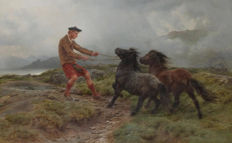 Yksi ghillie ja kaksi Shetland-ponia sumuisessa maisemassa - Rosa Bonheur