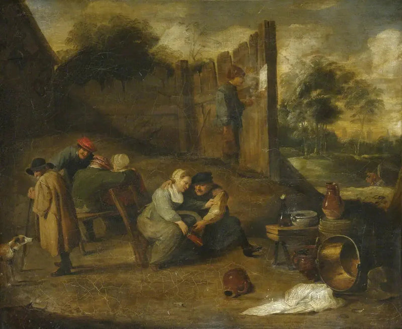 Ryhmä maanviljelijöitä pubin edessä - David Teniers nuorempi
