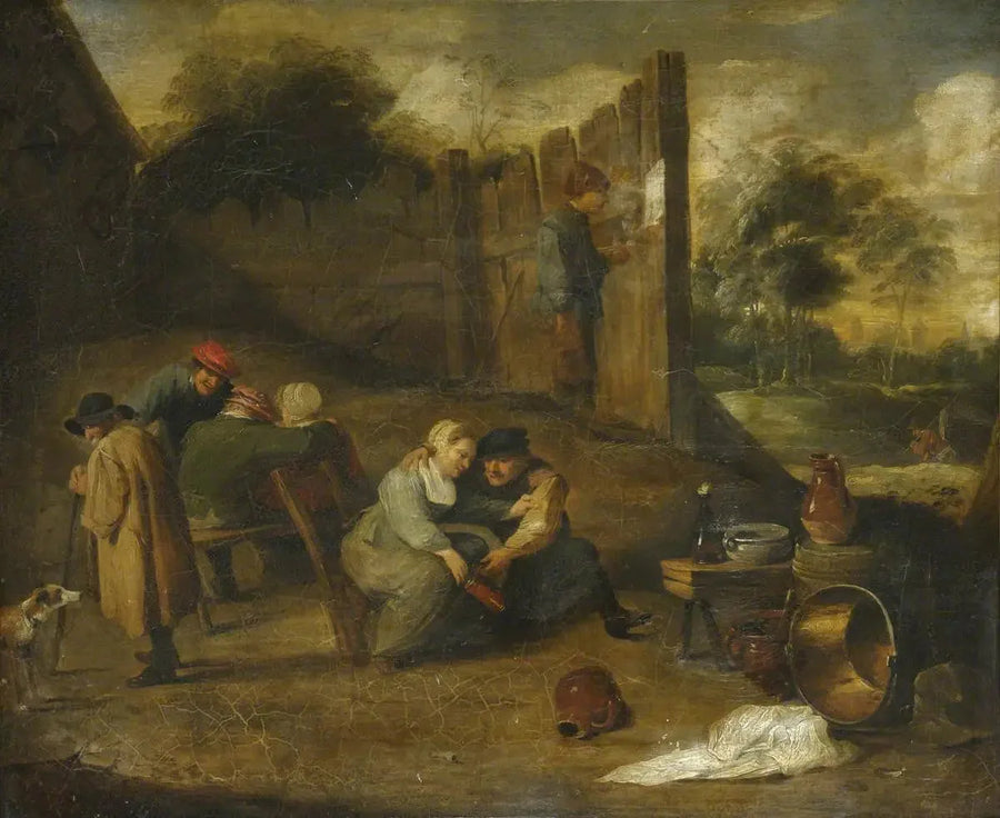 Ryhmä maanviljelijöitä pubin edessä - David Teniers nuorempi