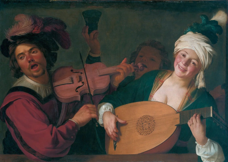 Iloinen ryhmä takana kaiteen, jossa on viulu ja lutisti - Gerrit van Honthorst