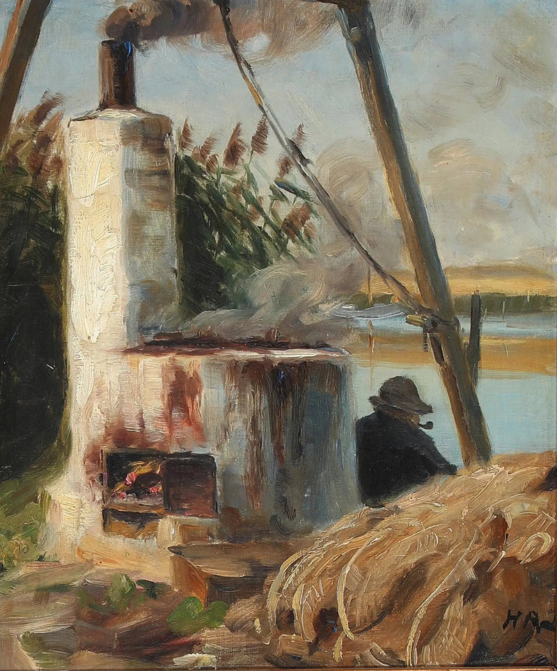 Mies istuu savuttavan uunin edessä. - H. A. Brendekilde