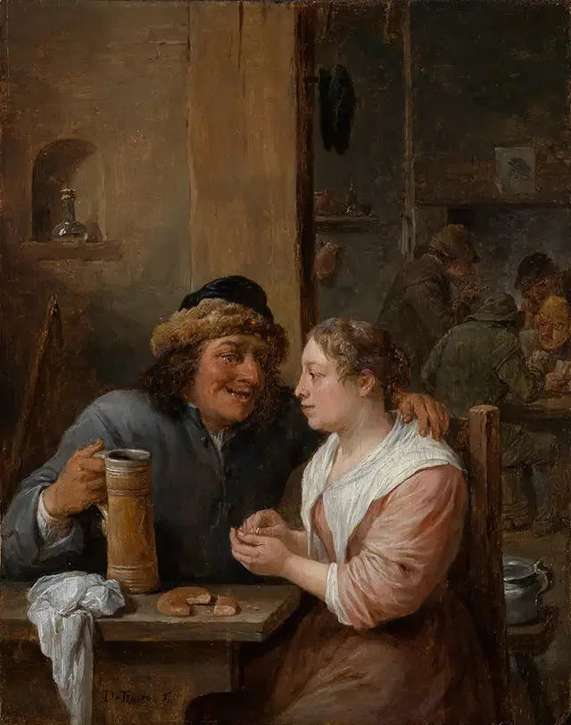 Mies olutkannu kädessä ja nuori nainen kapakassa - David Teniers nuorempi