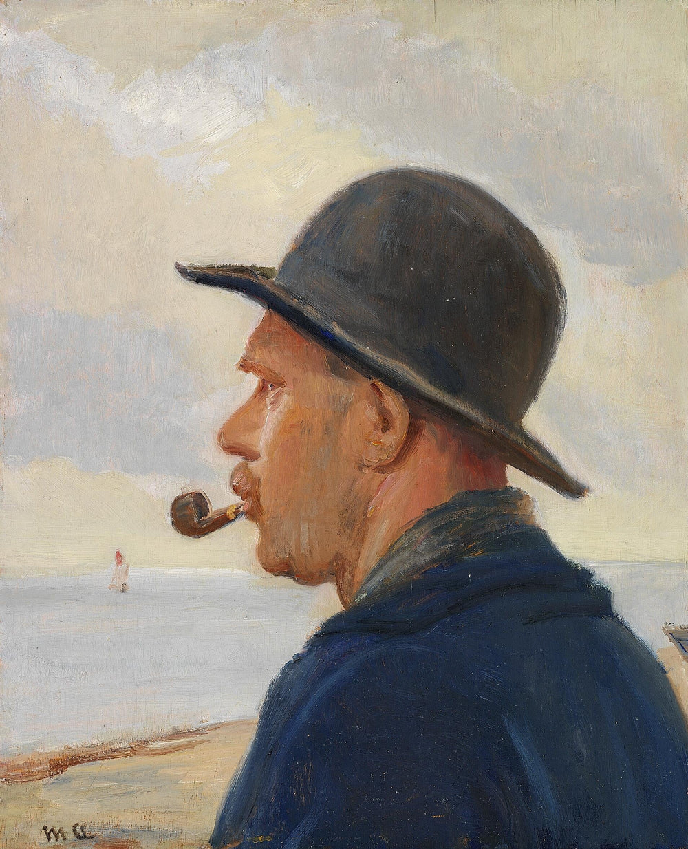 Un homme avec une pipe et un chapeau de feutre sur la plage de Skagen. - Michael Peter Ancher image 1 reproduction artisanale de tableau