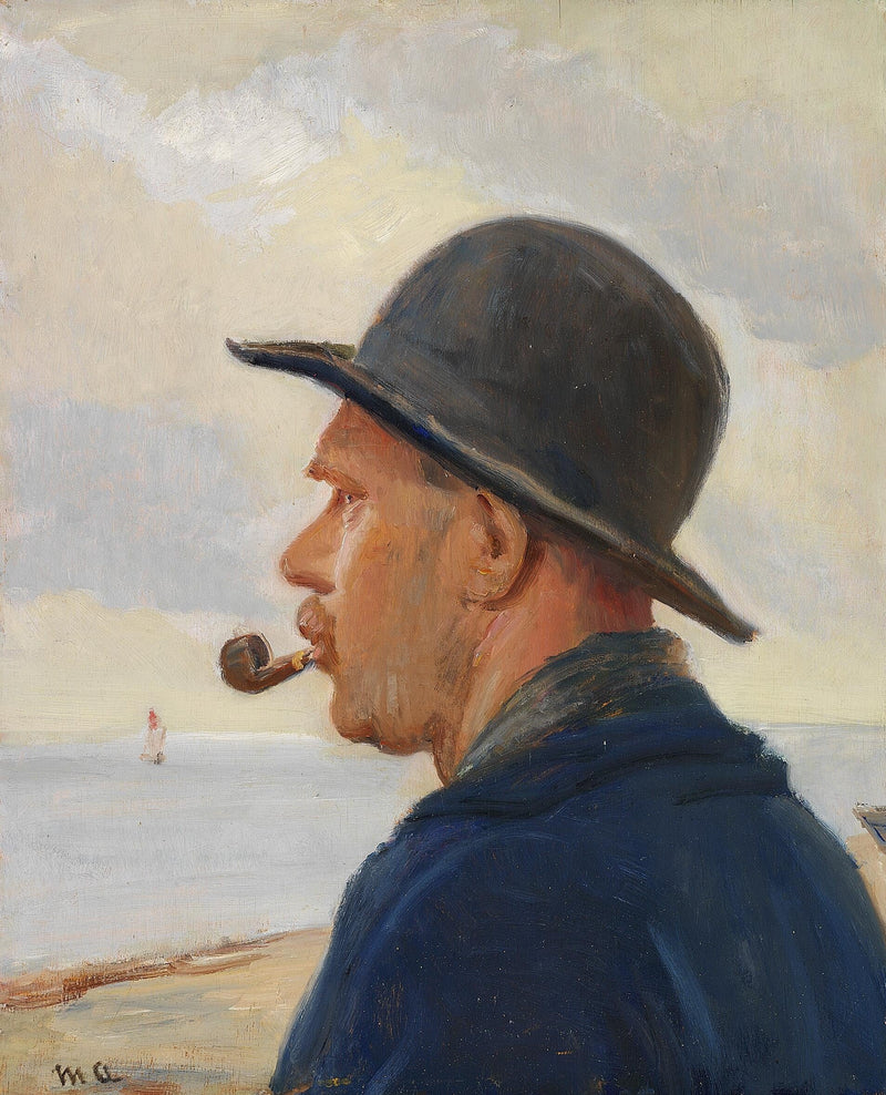 Mies piippu kädessään ja huopahattu päässään Skagenin rannalla. - Michael Peter Ancher
