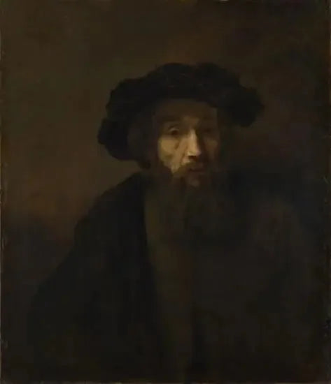 Partaista mies lippalakki päässä - Rembrandt