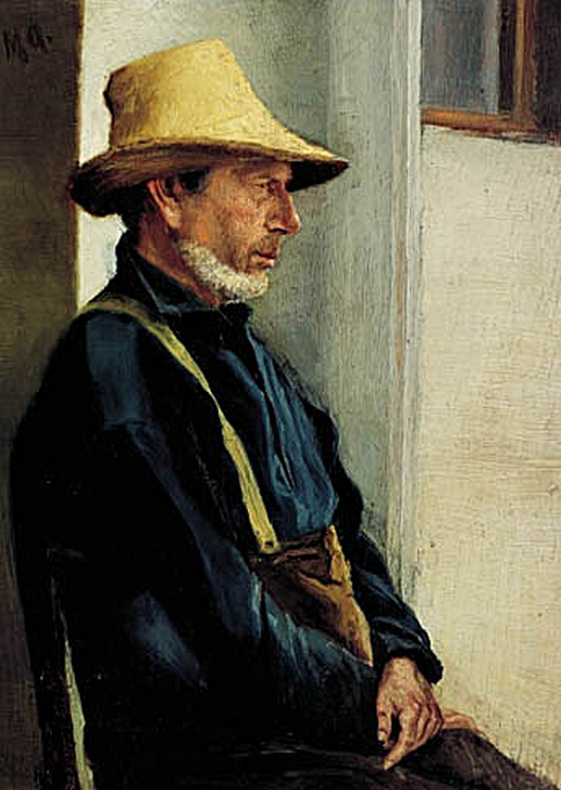Skagenilainen mies, pukeutuneena siniseen paitaan ja keltaiseen hattuun. - Michael Peter Ancher
