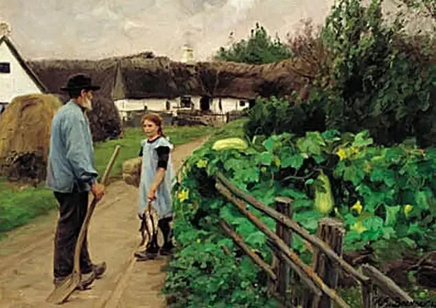 Mies ja tyttö keskustelevat tiellä. - H. A. Brendekilde