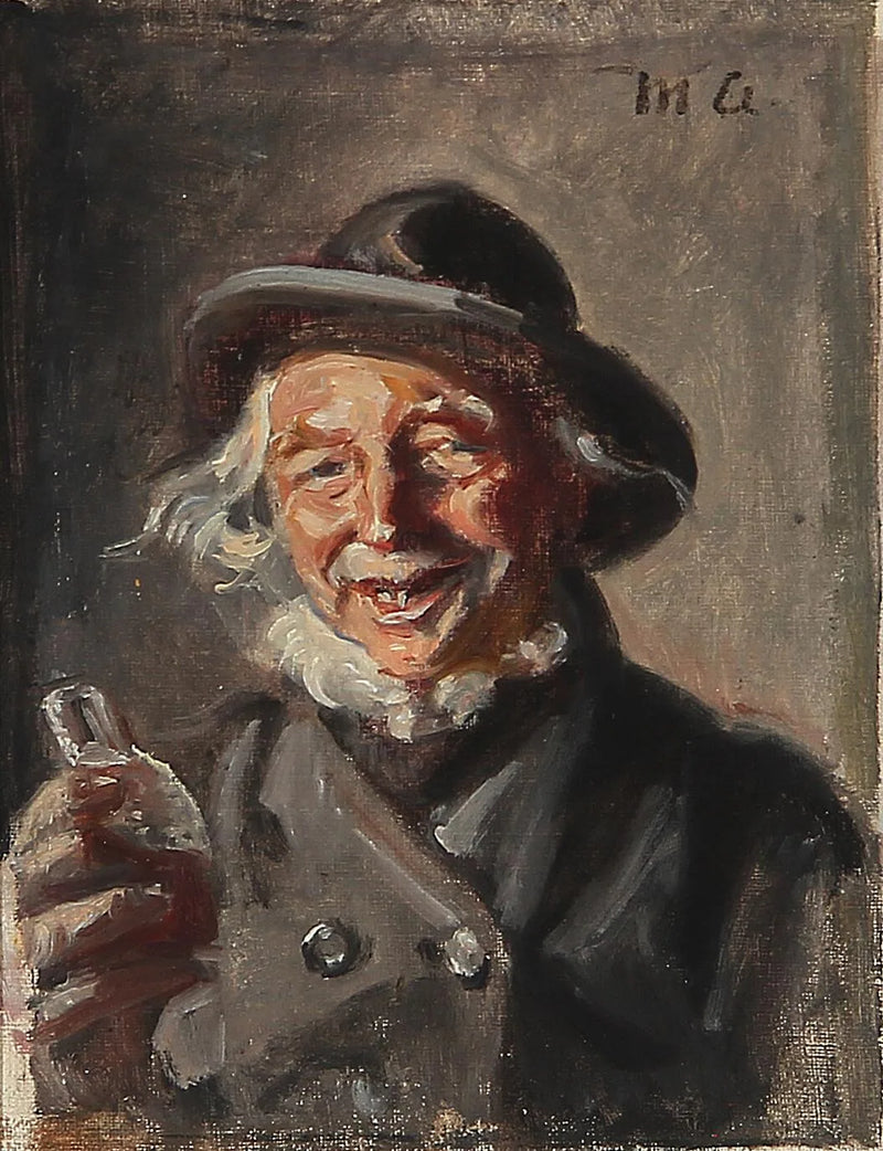 Onnellinen mies pitelee pulloa. - Michael Peter Ancher