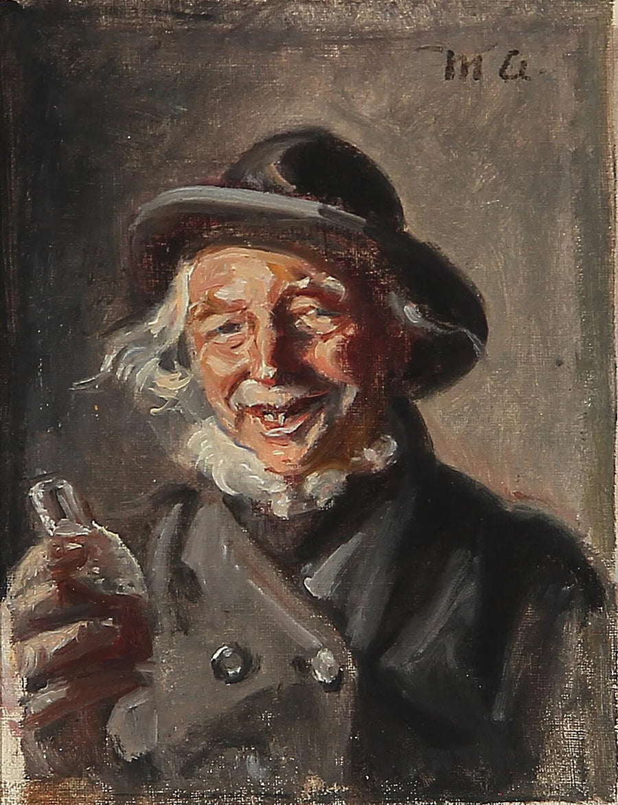 Onnellinen mies pitelee pulloa. - Michael Peter Ancher
