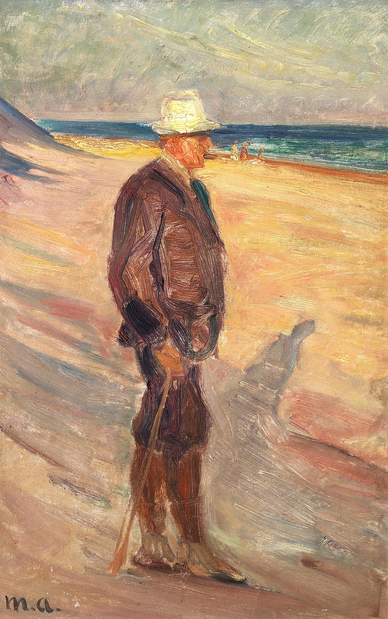 Mies valkoisessa hatussa ja kävelykeppi kädessä Skagenin rannalla. - Michael Peter Ancher