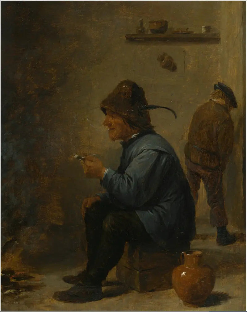 Mies, joka pitää piippua, istuu tulen edessä kapakassa, mies virtsaa nurkassa - David Teniers nuorempi