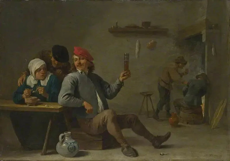 Mies, joka pitää lasia, ja vanha nainen sytyttämässä piippua - David Teniers nuorempi