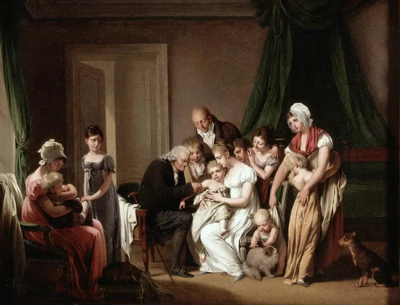 Mies rokottaa pienen lapsen, jonka äiti pitää sylissään, muiden perheenjäsenten katsellessa - Louis-Léopold Boilly
