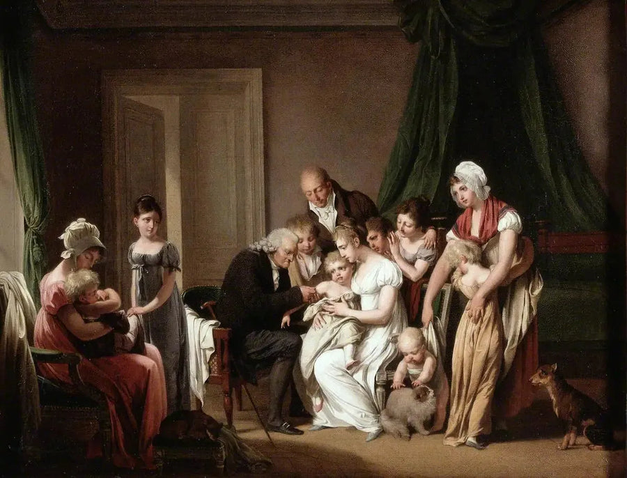 Mies rokottaa pienen lapsen, jonka äiti pitää sylissään, muiden perheenjäsenten katsellessa - Louis-Léopold Boilly