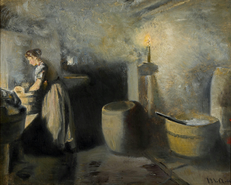Sisustuskuva, jossa nainen pesee vaatteita kynttilänvalossa. - Michael Peter Ancher