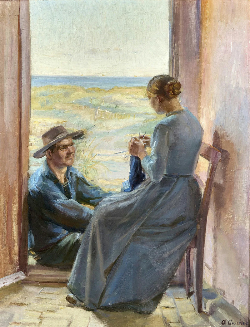 Nuori skagenilainen pariskunta istuu oviaukolla, josta on näkymät rannalle ja merelle. - Anna Ancher