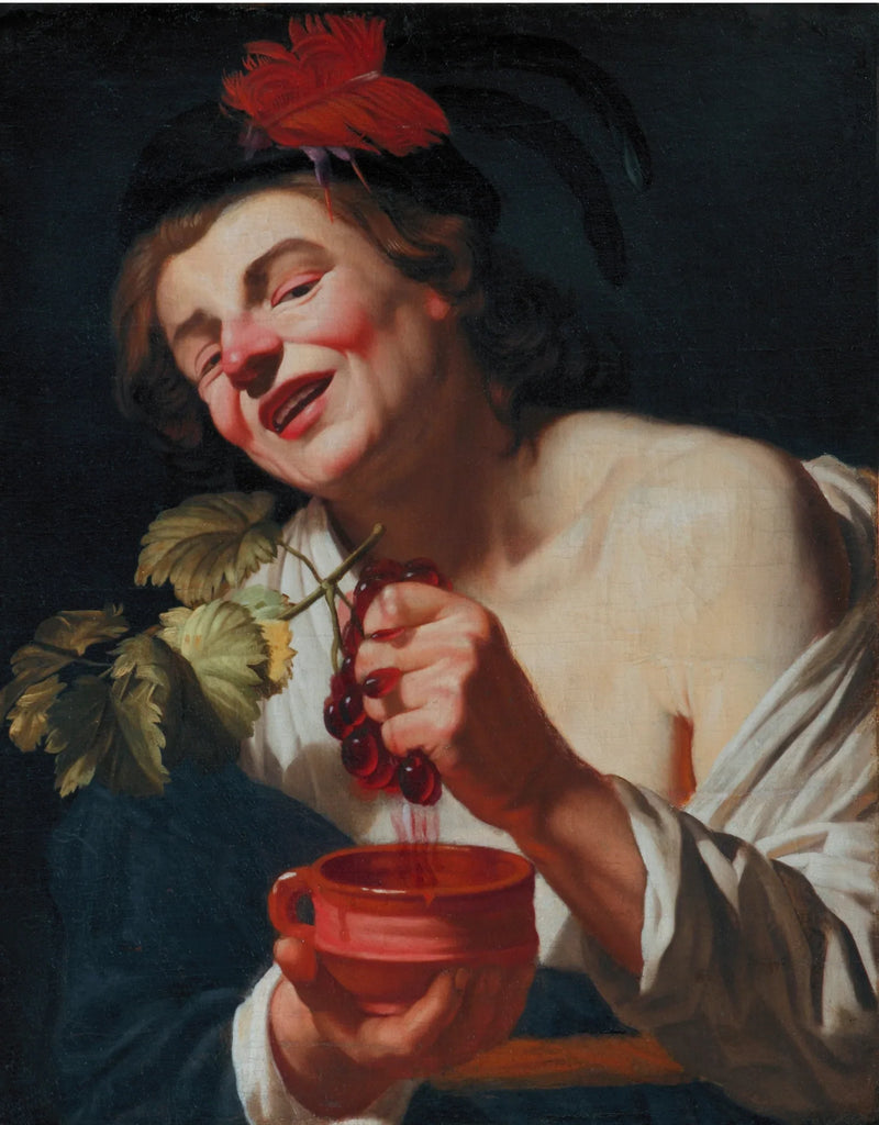 Nuori mies viininjuonti puristamassa viinirypäleitä maljaan (alkuperäinen maku ?) - Gerrit van Honthorst