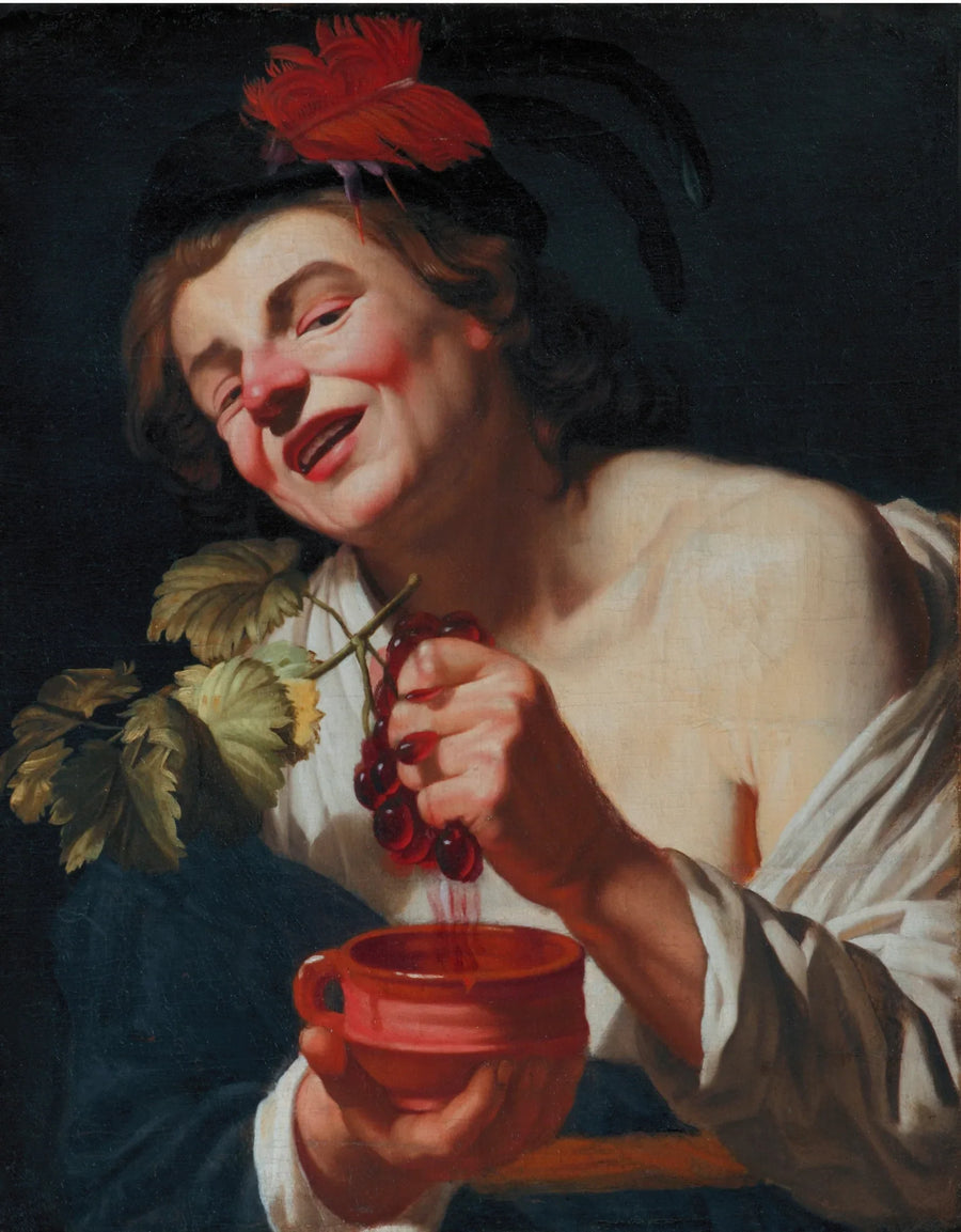 Nuori mies viininjuonti puristamassa viinirypäleitä maljaan (alkuperäinen maku ?) - Gerrit van Honthorst