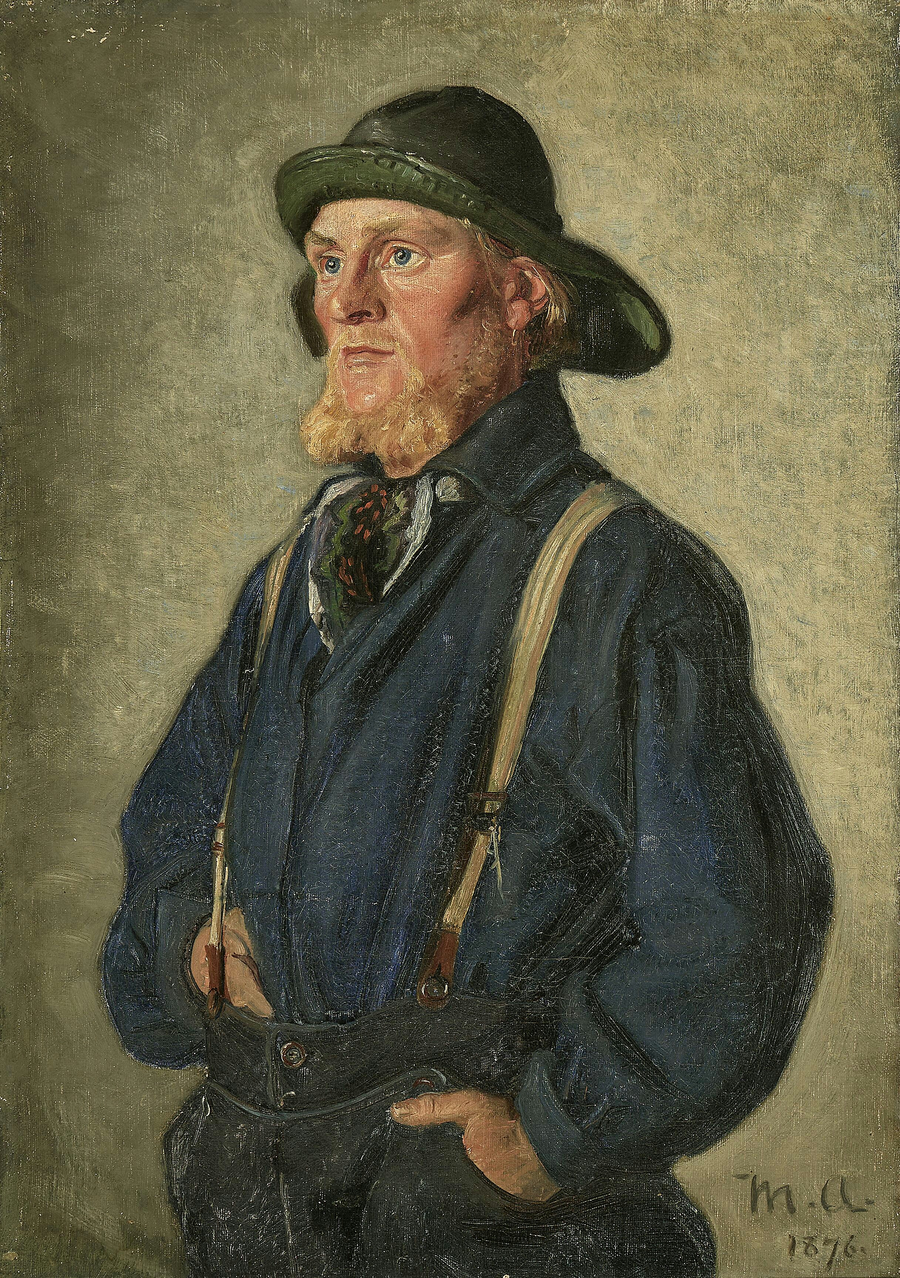 Nuori kalastaja seisoo vihreässä sadetakissa. -Michael Peter Ancher