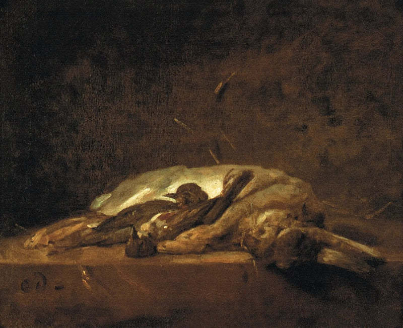 Yksi kani, kaksi kuolleen riekkoa ja muutama oljenkorsi kivipöydällä - Jean Siméon Chardin