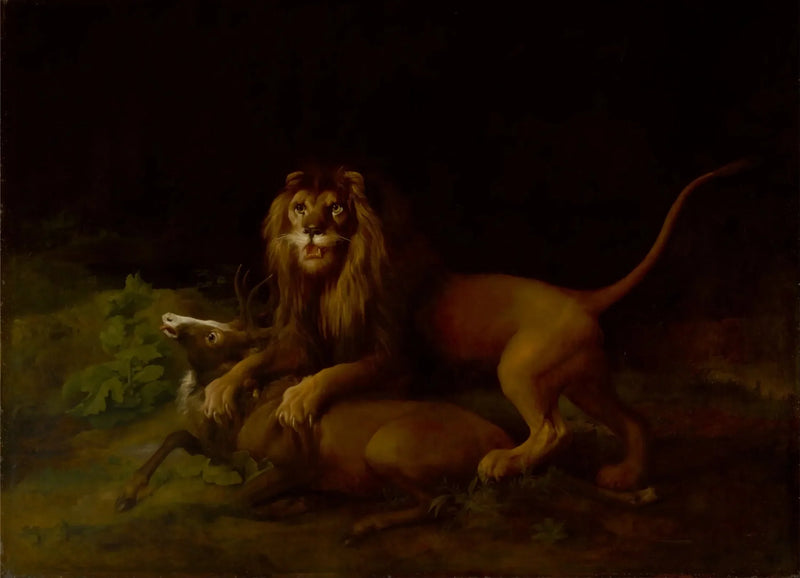 Leijona hyökkäävä peuralle - George Stubbs