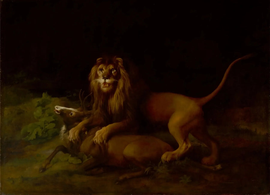 Leijona hyökkäävä peuralle - George Stubbs