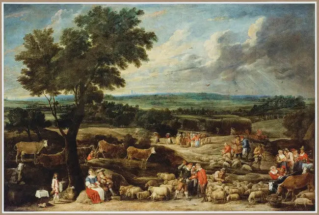 Eläinmarkkinat laajassa maisemassa, jossa Antwerpen näkyy kaukana - David Teniers nuorempi