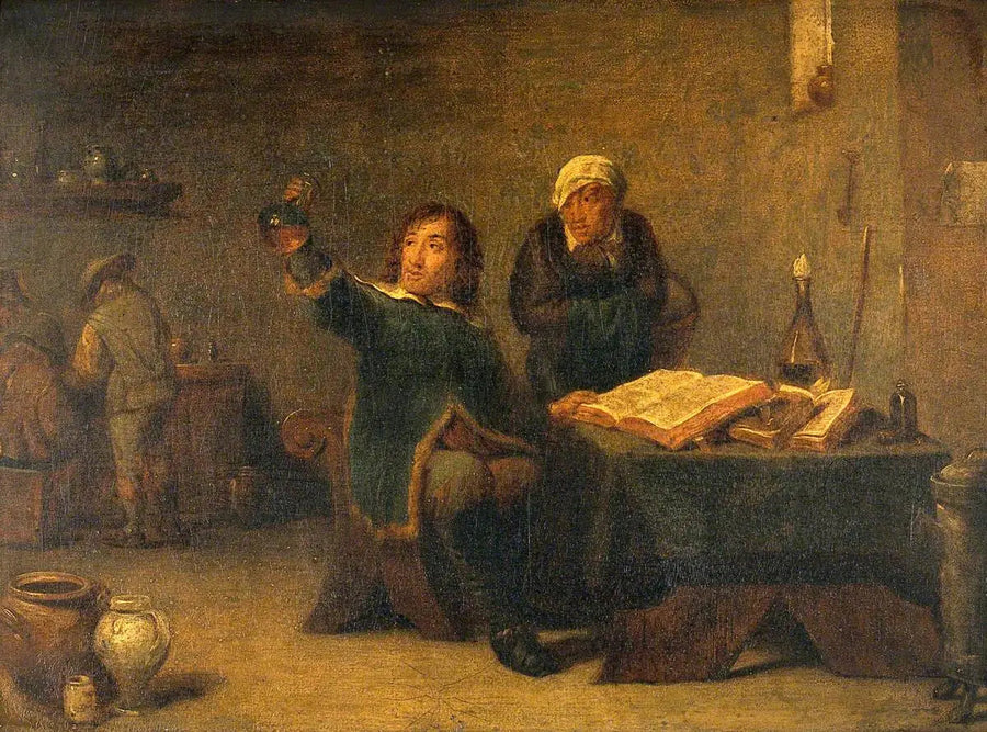 Lääkäri tutkii virtsapulloa - David Teniers nuorempi