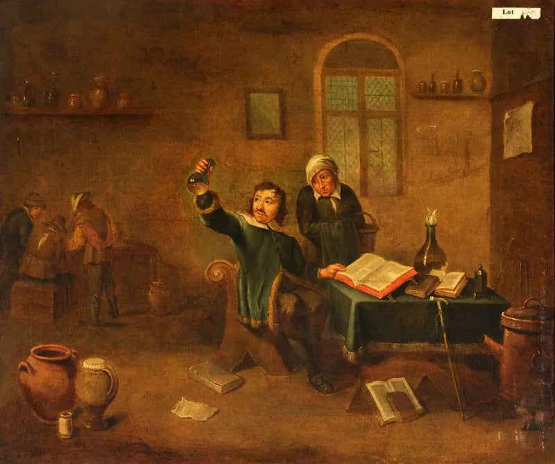 Lääkäri tutkii virtsapulloa - David Teniers nuorempi