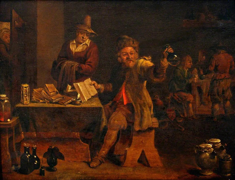 Lääkäri tutkii potilaan tuomaa virtsaa - David Teniers nuorempi