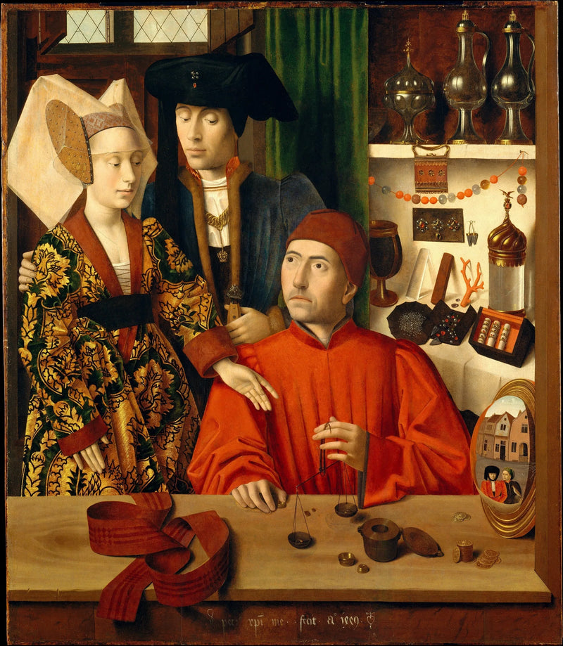 Koruvalmistaja työpajassaan, ehkä Pyhä Eligius - Petrus Christus