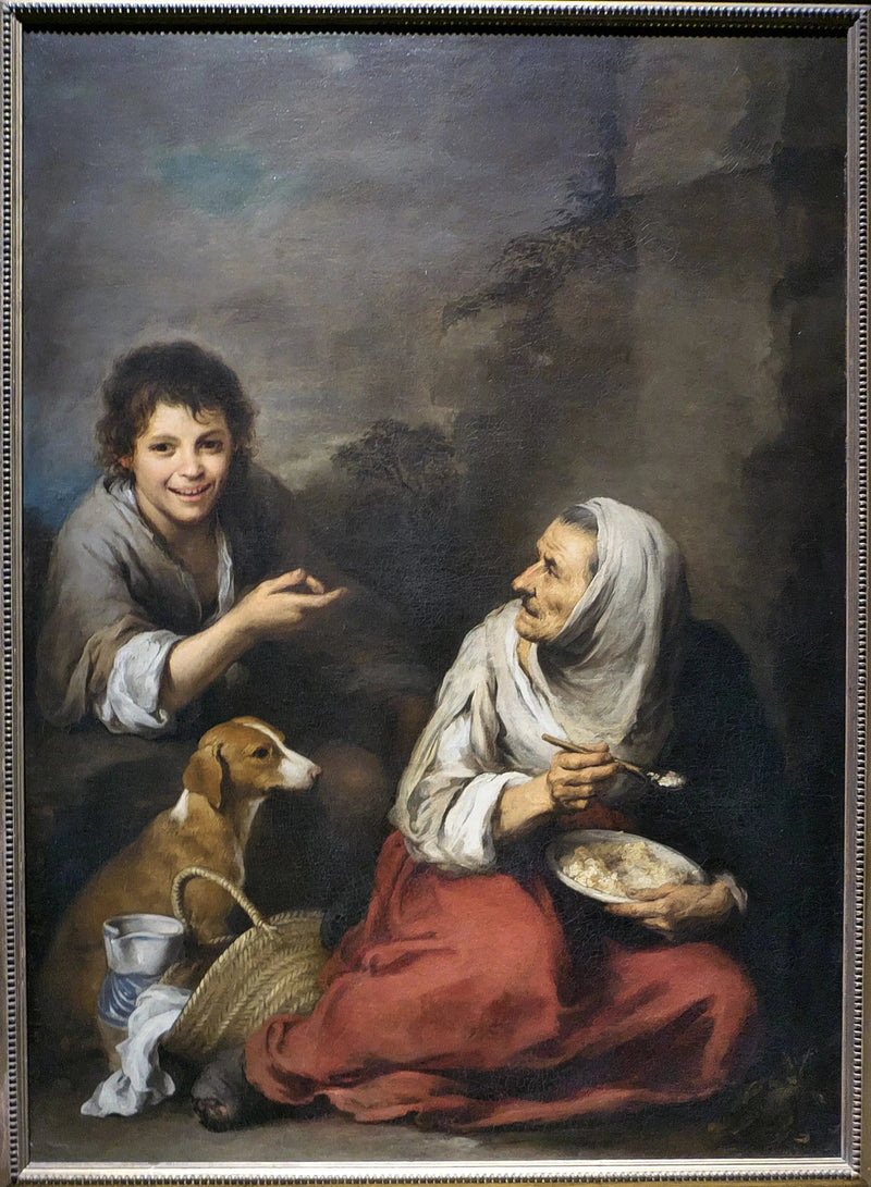 Avaruusolento pilkkaamassa vanhaa naista syömässä migas-ruokaa - Bartolomé Esteban Murillo