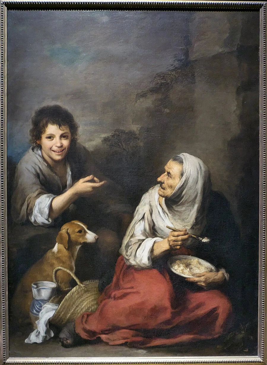 Avaruusolento pilkkaamassa vanhaa naista syömässä migas-ruokaa - Bartolomé Esteban Murillo