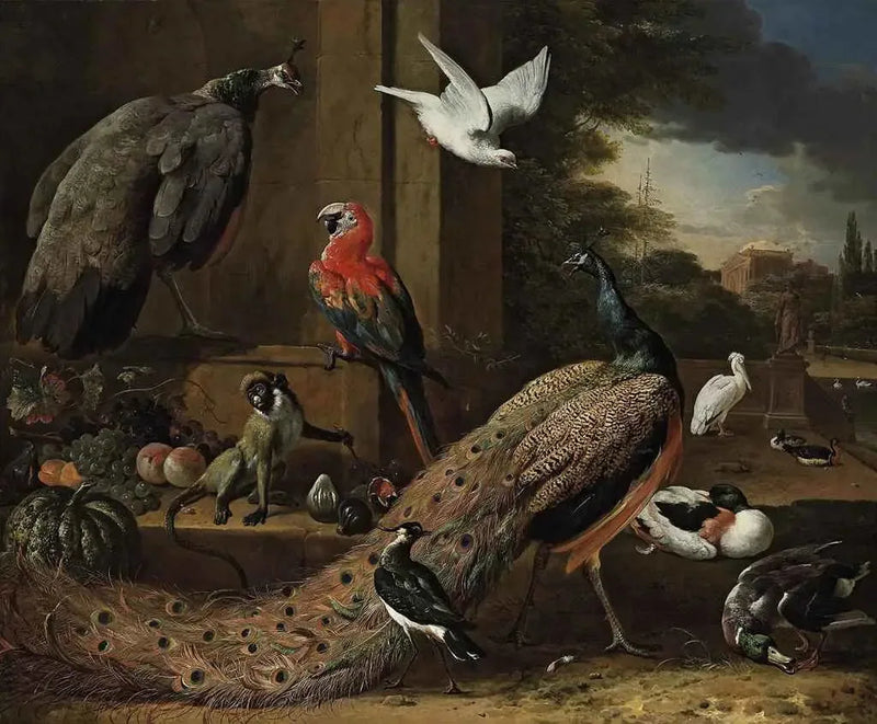 Papukaija, papukaijatar, apina ja muita lintuja terassilla - Melchior de Hondecoeter