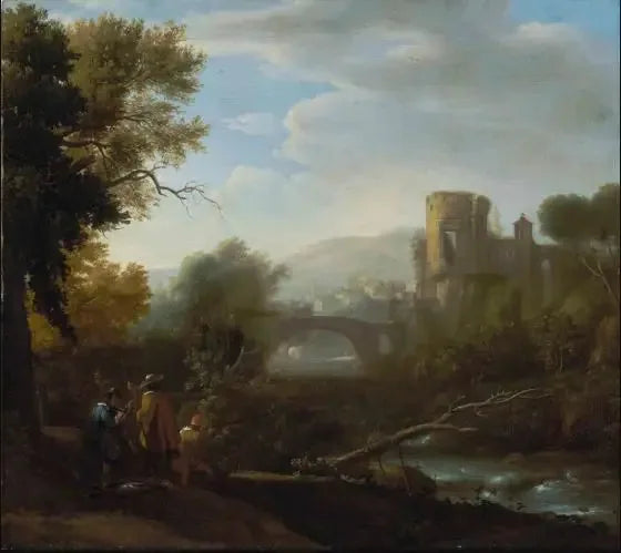 Maisema Tivolin ja Vesta-temppelin kanssa, metsästäjiä ja taiteilija piirtämässä etualalla - Claude Lorrain