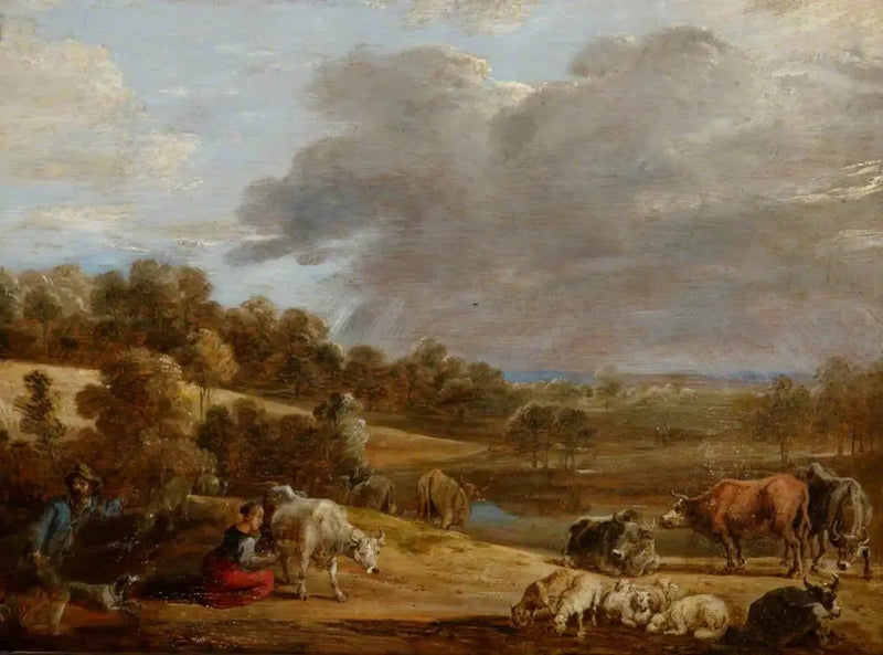 Maisema, jossa nainen lypsää - David Teniers nuorempi