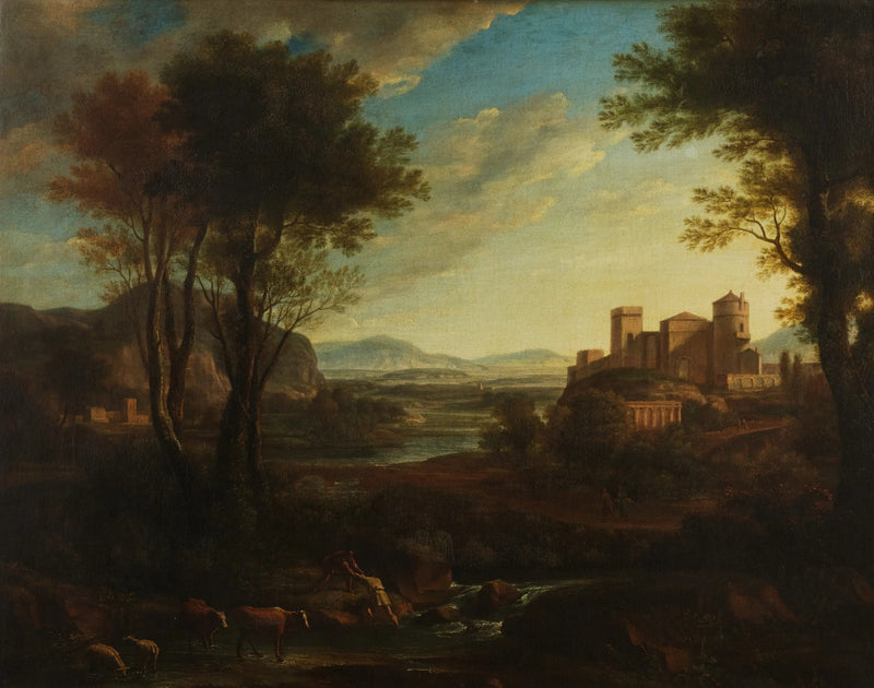 Klassinen maisema hahmoineen, jotka ylittävät puroa - Claude Lorrain