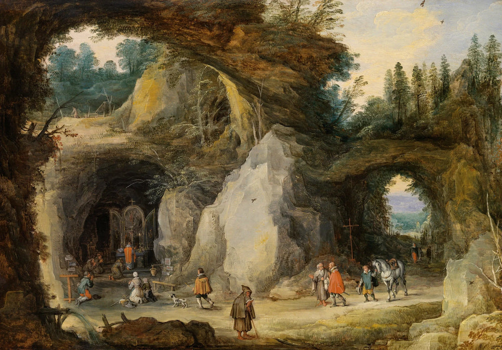 Un paysage montagneux avec des pèlerins dans une chapelle située dans une grotte - Jan Brueghel l'Ancien image 1 copie de tableau peinte à la main