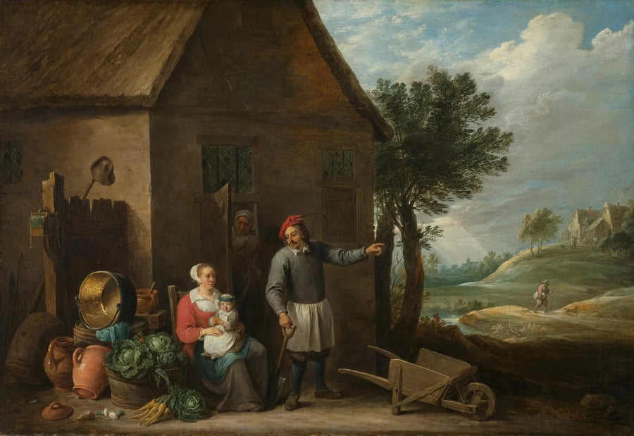 Maanviljelijä vaimonsa ja lapsensa kanssa maatilan edessä - David Teniers nuorempi