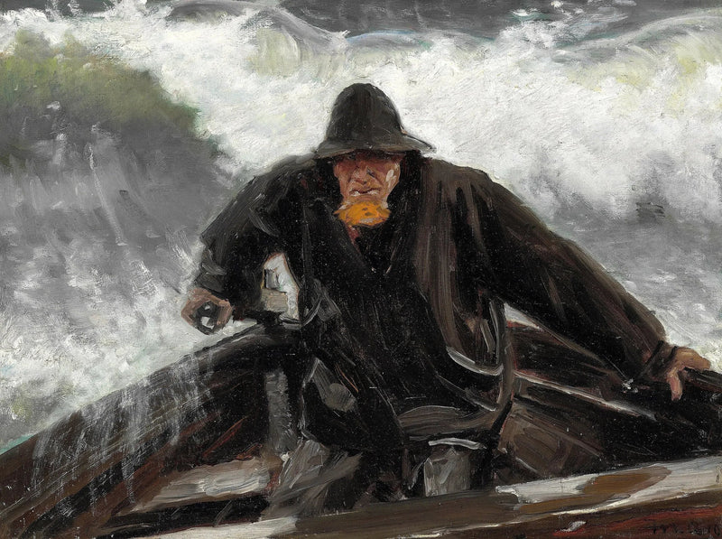 Kalastaja veneen ruorissa keskellä myrskyisää merta. - Michael Peter Ancher