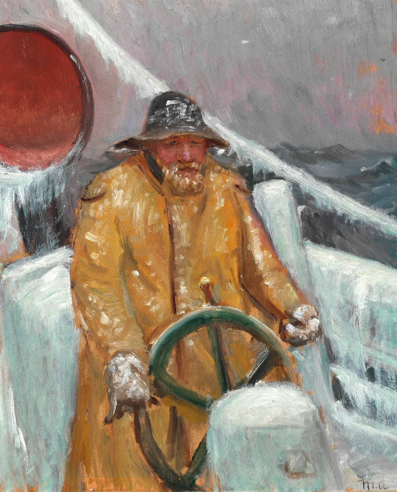 Kalastaja jään peittämän laivan ruorissa. - Michael Peter Ancher