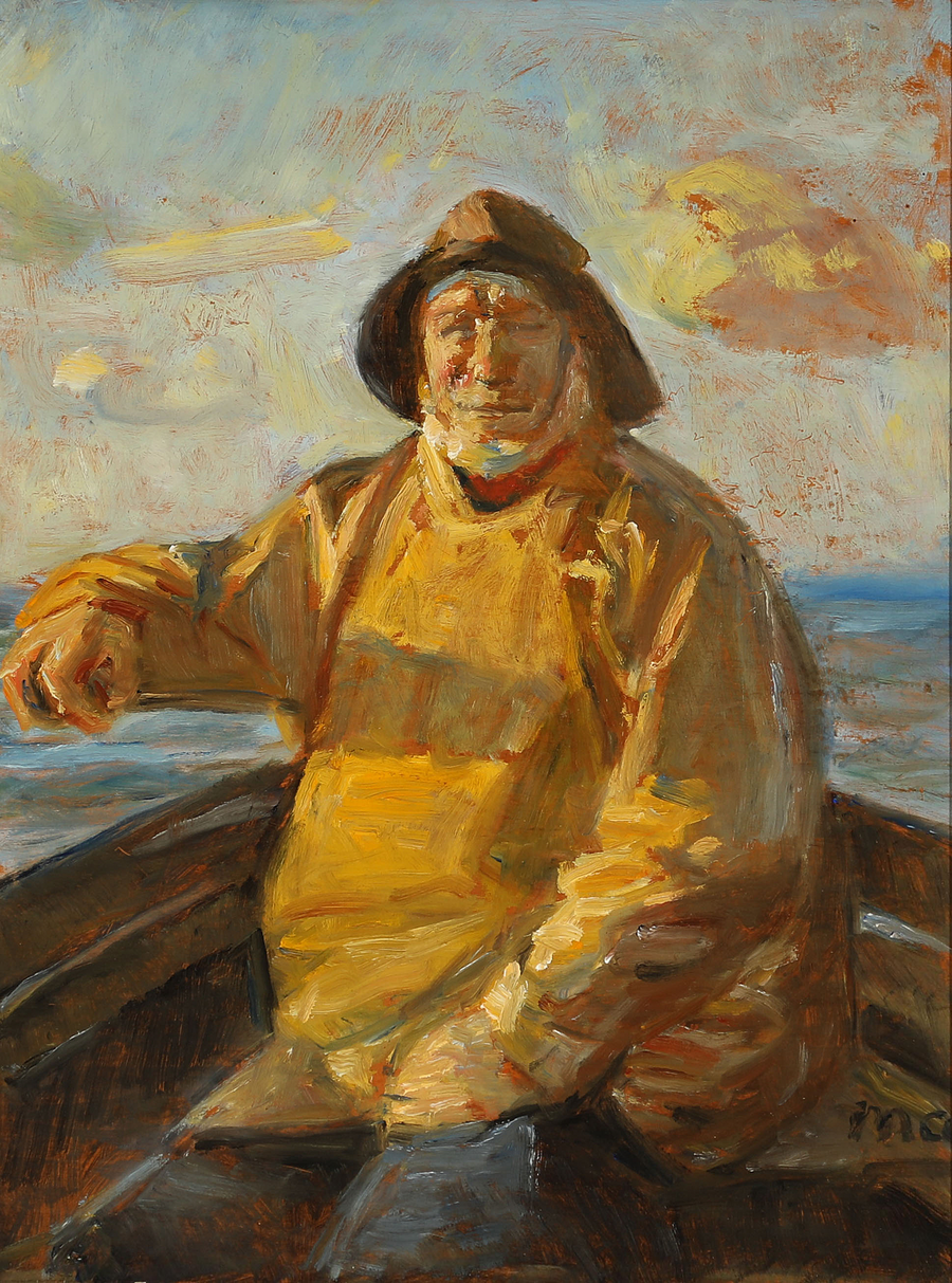 Kalastaja veneensä ruorissa. -Michael Peter Ancher