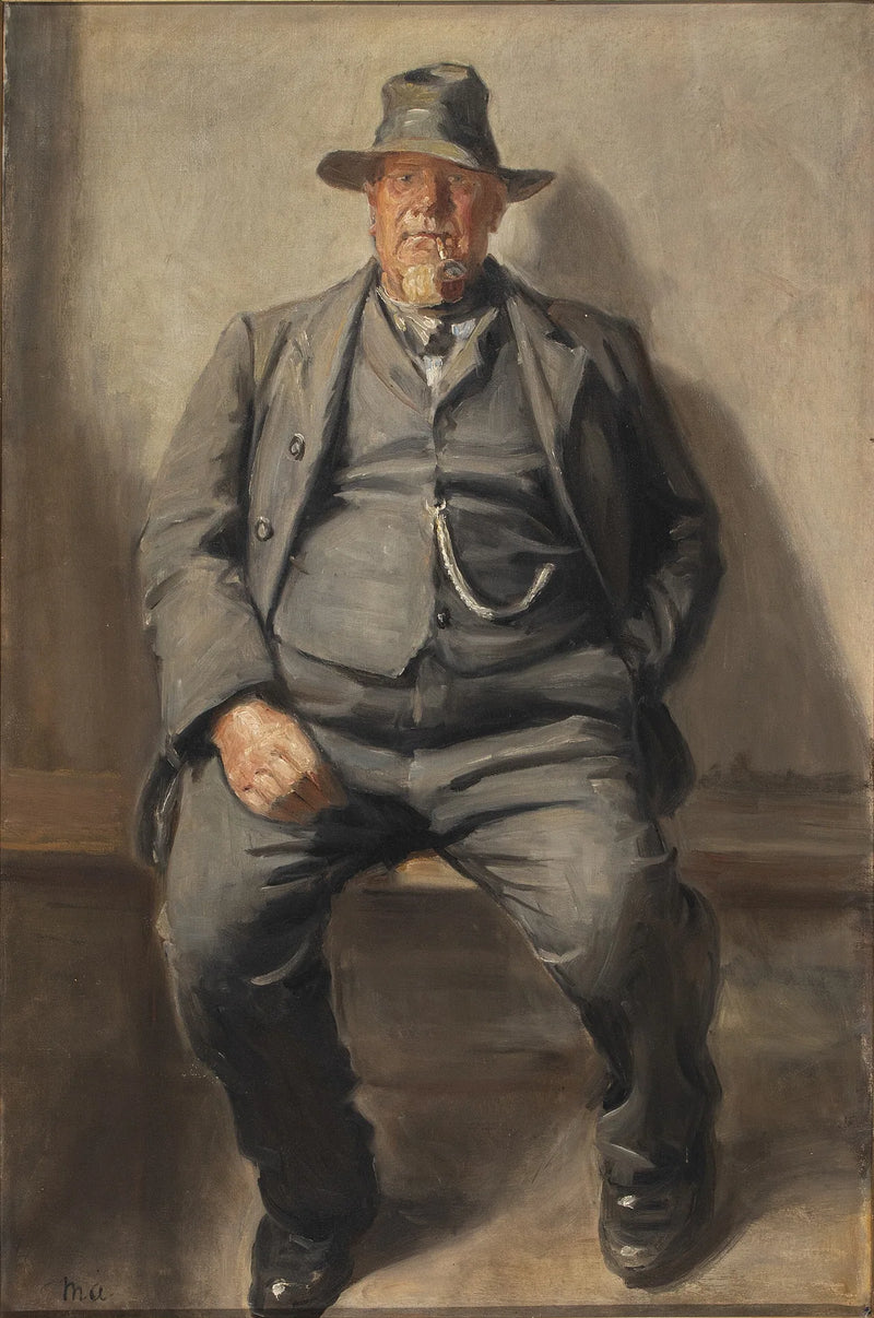 Bornholmilainen kalastaja pukeutuneena parhaimpiinsa sunnuntaivaatteisiin, hattu päässään ja kellonketju päässään. - Michael Peter Ancher