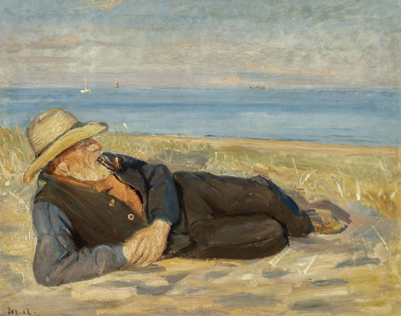 Skagenin kalastaja makaa rannalla auringonlaskun aikaan. - Michael Peter Ancher