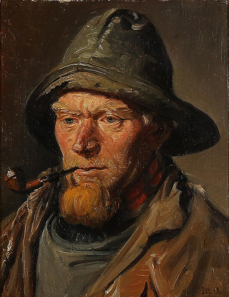 Skagenilainen kalastaja öljynahkapuvussa polttelee piippua. - Michael Peter Ancher