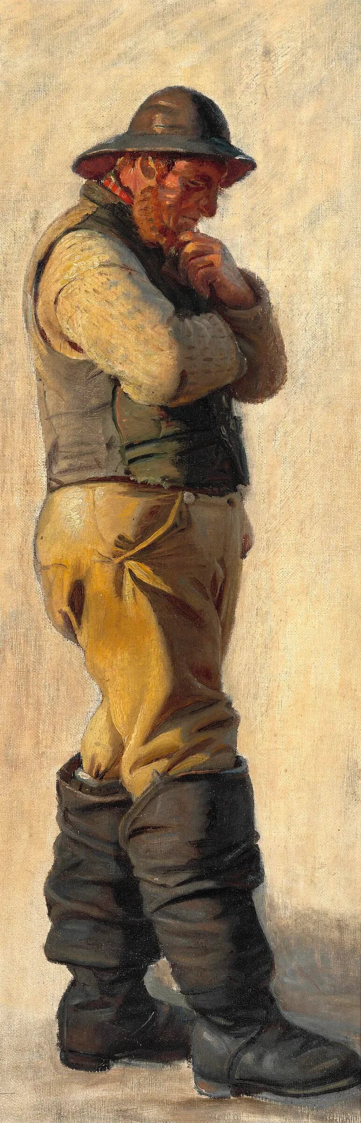 Skagenilainen kalastaja öljytakissa ja korkeissa saappaissa silittää partaansa. - Michael Peter Ancher