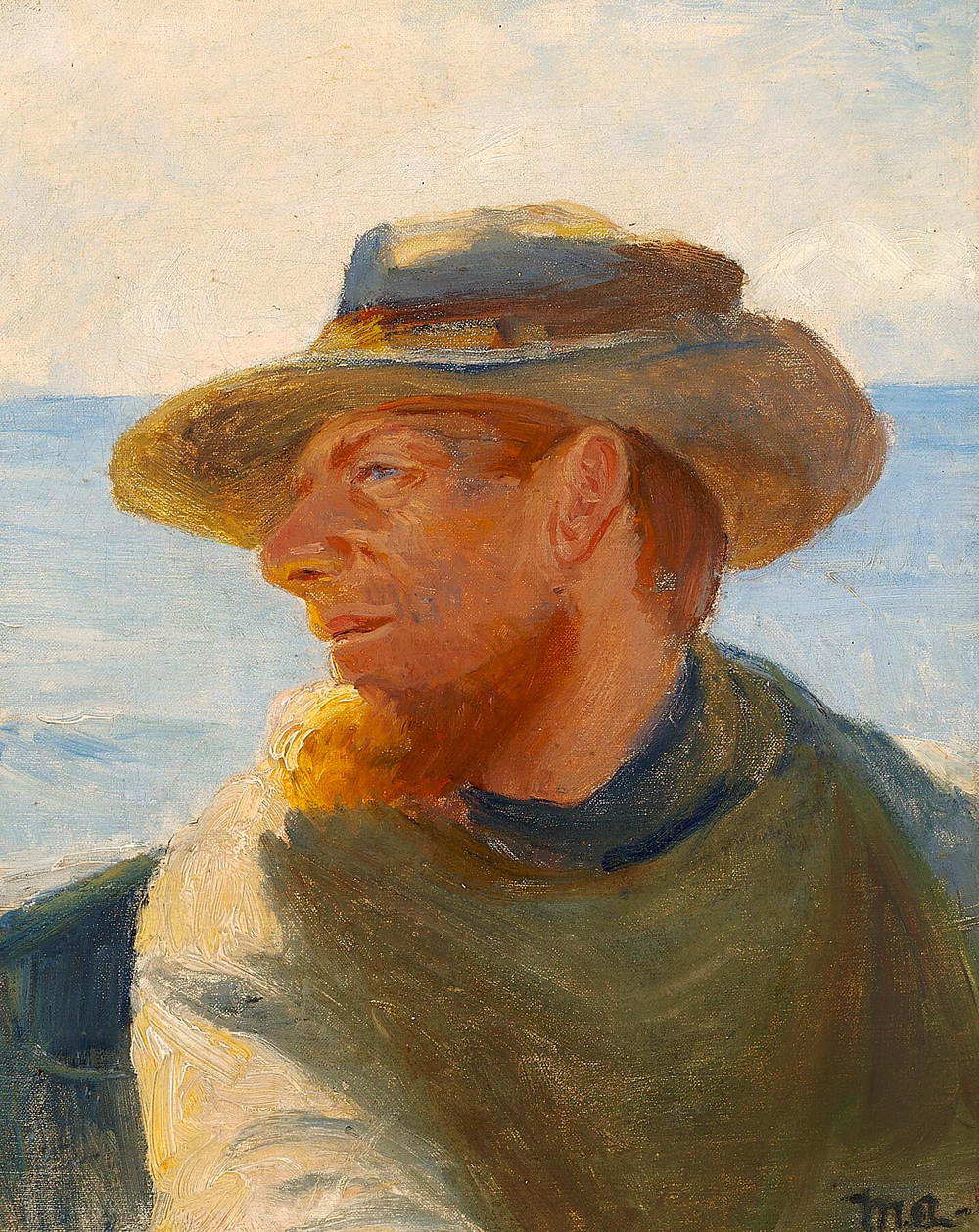 Un pêcheur de Skagen dans un bateau. - Michael Peter Ancher image 1 copie peinte à la main à l’huile