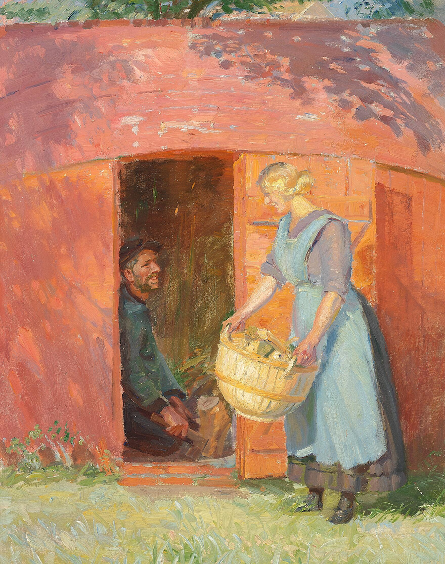 Skagenilainen kalastaja kosiskelee nuorta naista vanhasta veneestä rakennetussa mökissä. - Anna Ancher