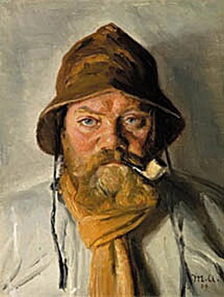 Skagenilainen kalastaja polttaa piippua ja hänellä on öljynahka yllään. -Michael Peter Ancher
